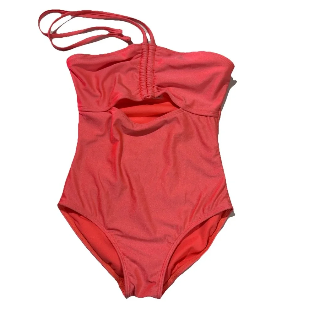 One-Piece Girls Coral Pink Swimsuit Halter Neck Tie-Back String Size L (10-12)
